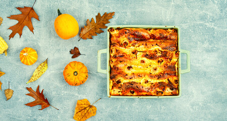 Wall Mural - Autumn pumpkin pie, homemade tart.