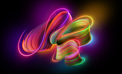 Wall Mural - 3d render. Abstract folded brushstroke glowing with colorful neon light. Creative wallpaper with curvy lines