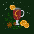 Christmas illustration of mulled wine with orange, mistletoe branch and cinnamon spices and star anise, it's snowing on a green background