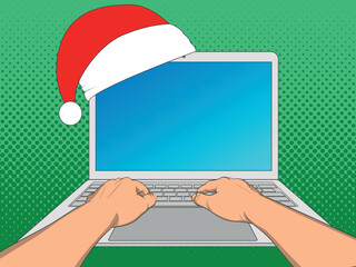 Wall Mural - Hands working on laptop with blank screen and Christmas red hat. Vintage vector illustration in pop art style