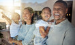 © David L/peopleimages.com - Love, home window and happy family pointing at view while laughing, bonding or enjoy relax quality time. Glass reflection, sun flare and black family care of child, mother and father excited together