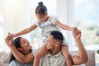 © David L/peopleimages.com - Family, love and children with a mother, father and daughter bonding or playing on a sofa in the living room of their home. Kids, happy and smile with a man, woman and girl spending time together
