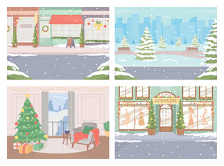 Poster - Outdoor and indoor Christmas scenes at daylight flat color vector illustration set. Boutique facade. Snowy streets. Fully editable 2D simple cartoon cityscapes, interior collection with on background