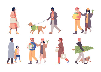 Poster - People getting ready for Christmas semi flat color vector characters set. Editable figures. Full body people on white. Simple cartoon style illustration bundle for web graphic design and animation