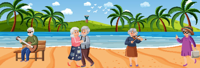 Poster - Beach scene with senior people on vacation