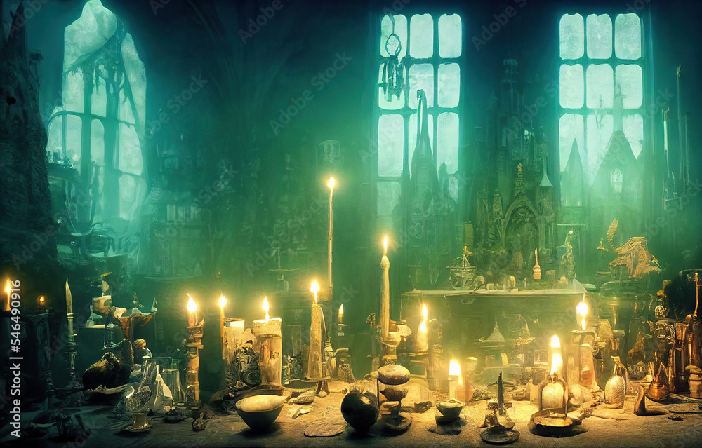 Ilustracja bez tantiem: Witch Room Interior. Magician Mage Room ...