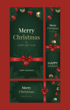 Set Of Three Postcards Merry Christmas And Happy New Year. Christmas Tree, Glass Gold Balls And An Elegant Red Bow With Ribbons On A Green Background. Spruce, Cedar, Pine Branch. Banner Template.