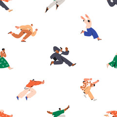 Poster - People running, seamless pattern. Endless background with characters inmotion, rushing, hurrying. Active excited men, women at fast speed, repeating print design. Colored flat vector illustration