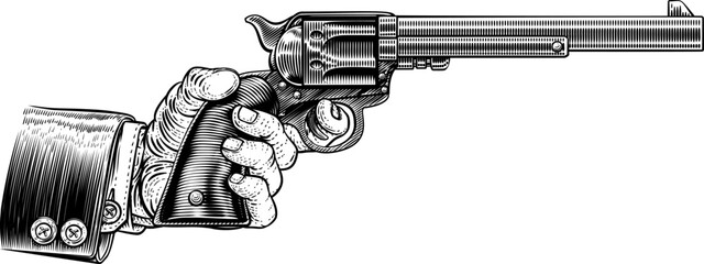 Sticker - A hand in business suit holding a western cowboy gun pistol revolver in a vintage woodcut style