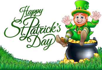 Poster - A Happy St Patricks day leprechaun and pot of gold coins illustration design