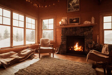 Cozy Living Room In Wooden Log House With Fireplace, Snowy Winter Outside