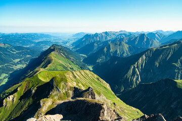 Wall Mural - Alpine landscape with mountains under blue sky in summer near Oberstdorf. Allgau Alps, Bavaria, Germany