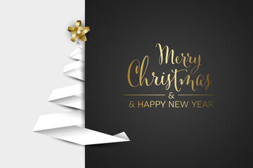 Wall Mural - simple vector christmas card with white christmas tree made from paper stripe on gray background