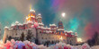 magical fantasy castel in winter morning, winter christmas landscape as wallpaper background