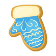 Homemade gingerbread in shape of blue children mitten with glazed pattern, cookie vector illustration. Biscuits of different shape isolated