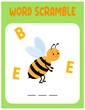 Bee Word scramble . Educational game for kids. English language spelling worksheet for preschool children.