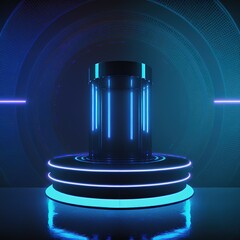Aufkleber - Abstract realistic 3d blue cylinder pedestal podium with Sci-fi dark blue abstract room Digital stand for gadgets, scene. Dark template for presentation modern exhibition or gallery. 3d illustration