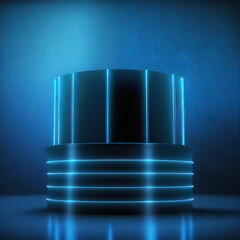 Poster - Abstract realistic 3d blue cylinder pedestal podium with Sci-fi dark blue abstract room with semi circle glowing neon lighting scene. Dark template for presentation . 3d illustration