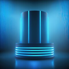 Aufkleber - Abstract realistic blue 3d cylinder pedestal podium. Digital stand for gadgets, scene. Dark template for presentation modern exhibition or gallery. 3d illustration