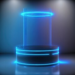 Aufkleber - Abstract realistic blue 3d cylinder pedestal podium. Digital stand for gadgets, scene. Dark template for presentation modern exhibition or gallery. 3d illustration