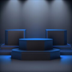 Fototapete - Blue and dark digital scene with 3d realistic empty dark podiums. Digital stand for gadgets, scene. Dark template for presentation modern exhibition or gallery. 3d illustration