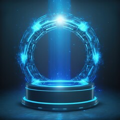 Fototapete - Blue hologram portal. Digital stand for gadgets, scene. Dark template for presentation modern exhibition or gallery. 3d illustration