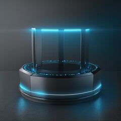 Poster - Futuristic pedestal for product presentation. Digital stand for gadgets, scene. Dark template for presentation modern exhibition or gallery. 3d illustration