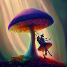 Little People Dancing In The Rain Under The Magic Mushroom Deep In The Forest