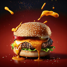 Burger With Splashing Souce, Colorful, Hamburger, Space For Text, Wallpaper, Advertising, Generative Ai