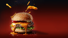 Burger With Splashing Souce, Colorful, Red Background, Space For Text, Wallpaper, Advertising, Generative Ai