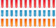Watercolor illustration set of different awnings for shop in various colors with white stripes: bright red, light blue and orange. Seamless repeatable watercolour patterns for design decoration.