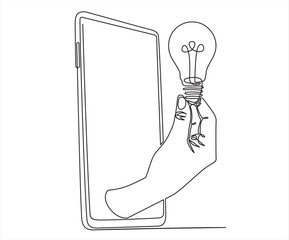 Poster - continuous one line drawing hand holding light bulb symbol idea. big idea.