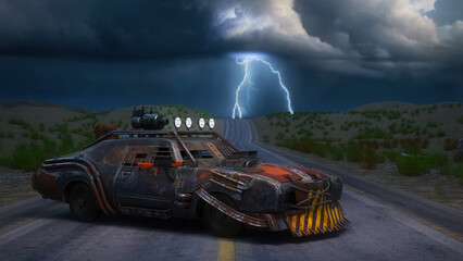 Poster - Post apocalypse fantasy rusty armoured car on a barren desert road at night in a thunder storm. 3D rendering.