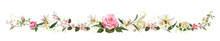 Panoramic View With White, Pink Gentle Roses, Lilies, Spring Blossom. Horizontal Border For Valentine's Day: Flowers, Buds, Leaves On White Background, Digital Draw, Vintage Watercolor Style, Vector