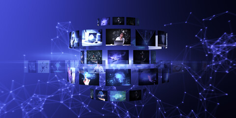 Poster - Internet data flow or blogging concept with many digital life style screens and polygonal lines on abstract blue background