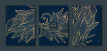 Vector Japanese Leaves, Flowers With Leaves Patterns. Floral Golden Elements Template In Vintage Style. Luxury Black Line Covers, Flyers, Brochures, Packaging Design, Social Media Post, Banners