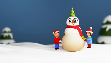 Canvas Print - 3D Render Of Cute Snowman With Cheerful Kids Wearing Santa Hat, Blurred Xmas Tree On Snowy Blue Background And Copy Space.