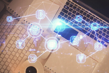 Poster - Social network hologram drawings over computer on the desktop background. Top view. Double exposure.