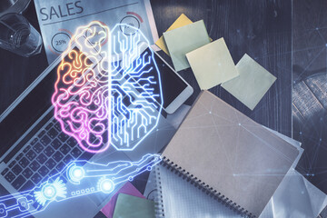 Poster - Double exposure of brain drawing hologram over topview work table background with computer. Concept of big data.