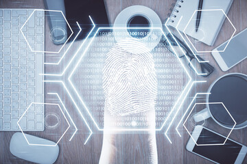 Poster - Double exposure of finger print over table with phone. Top view. Concept of mobile security.