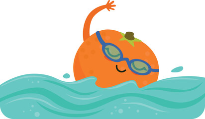 Poster - Swimming fruit in water. Sport orange cartoon mascot