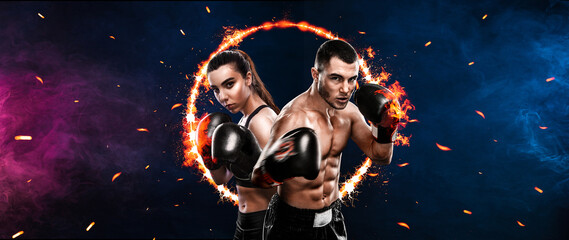 Boxing concept. Sports betting. Design for a bookmaker. Download banner for sports website. Two boxers on a fiery background.