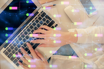 Poster - Double exposure of woman hands working on computer and data theme hologram drawing. Top View. Technology concept.