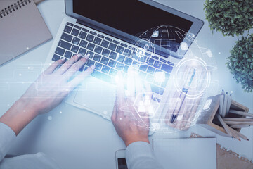 Poster - Double exposure of woman hands working on computer and social network theme hologram drawing. Top View. People connection concept.