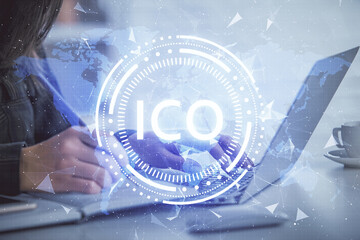 Aufkleber - Double exposure of woman hands typing on computer and crypto market theme hologram drawing. Blockchain concept.