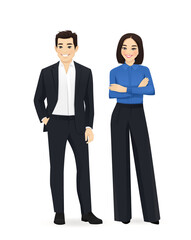 Wall Mural - Business team. Cheerful business asian man and woman standing isolated vector illustration.