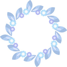 円形のフレーム　葉と小さい花のリース　青