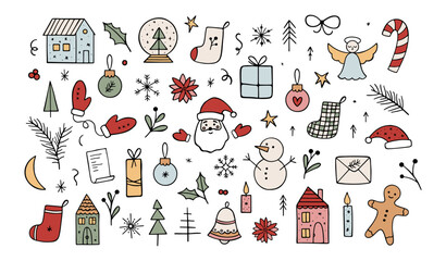 Wall Mural - Big collection of hand drawn vector Christmas festive elements. Colored holiday vector set. Santa Claus, gingerbread man, snowman, candy, Christmas trees, snowflakes, socks, houses, toys, angel