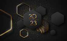 Happy New Year 2023 Gold Black Luxury 3d Glitter Greeting Card