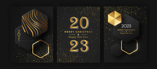 Wall Mural - Christmas New Year 2023 3d gold black modern card set